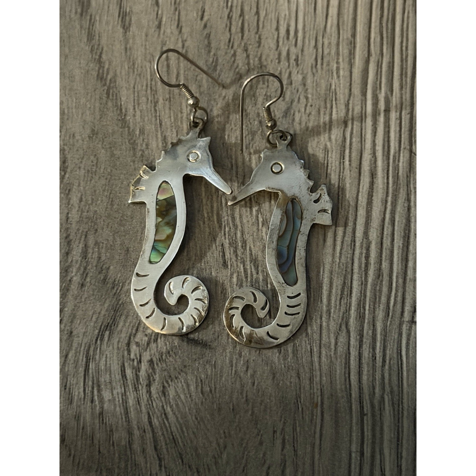 Seahorse Signed Alpaca Silver Abalone Drop Dangle Hook Earrings #431